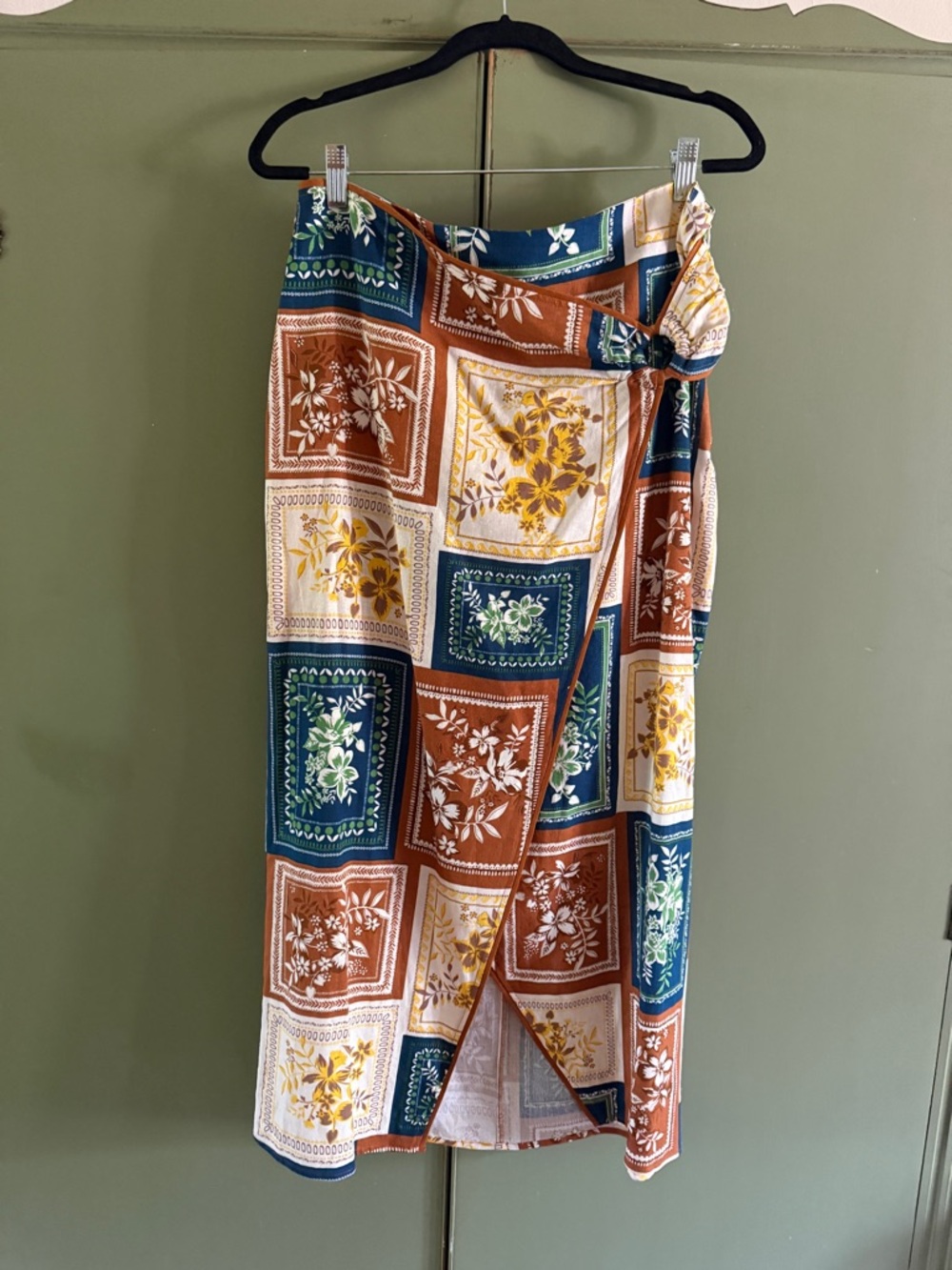 House of Harlow Patchwork Floral Midi Skirt in Rust, Teal & Mustard